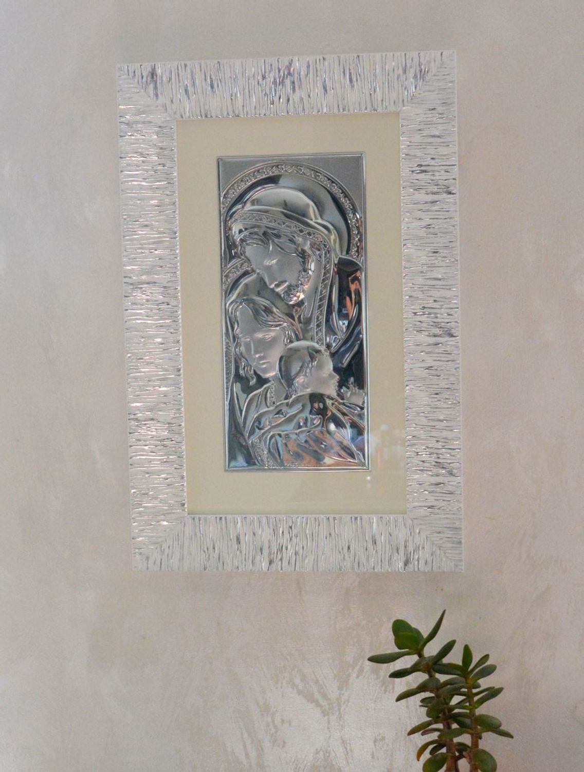 Obraz w ramie Prezent Święta Rodzina 35X55 ANARP 3750. Srebrny obraz na prezent. Obraz duży na ścianę z Rodziną Święta. Obraz w szkle posrebrzany z wizerunkiem świętych..jpg